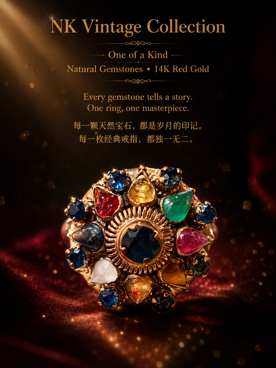 NK Vintage 九宝经典戒指:天然彩色宝石 × 14K 红金