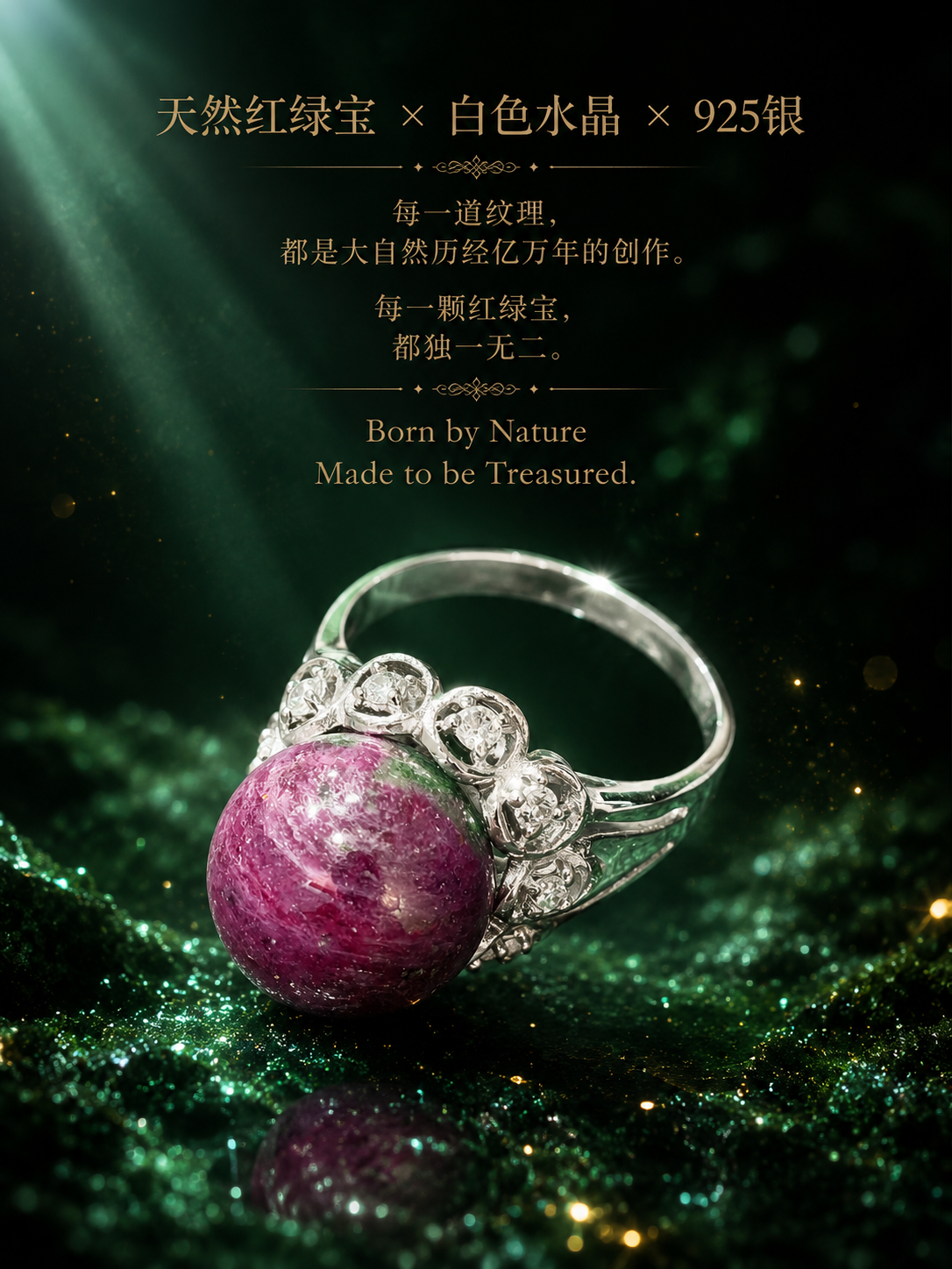 天然红绿宝 × 白色水晶 × 925银