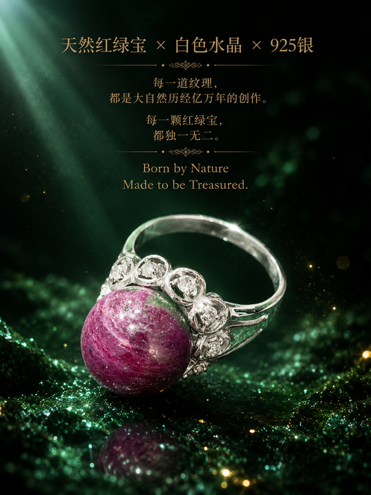 天然红绿宝 × 白色水晶 × 925银